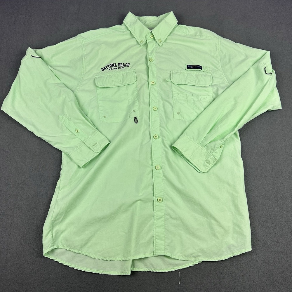 Spicy Tuna Fishing Shirt L Green Daytona Beach FL Vented Nylon Button Front UV